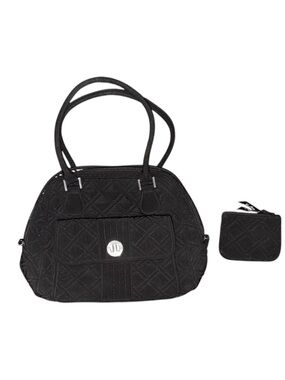 Vera Bradley Turn Lock Satchel Black Quilted Bag + Matching Wallet Set